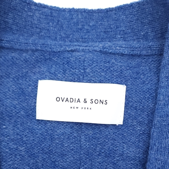 Ovadia & Sons Blue 100% Lambswool Cardigan Sweater Patches Sample Piece Size 2X - Picture 3 of 9